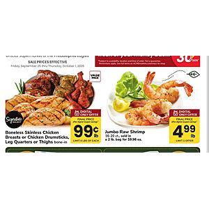 ACME SUPERMARKETS DIGITALS B&M: 99c lb Chicken Breasts/Wings more, $4.99 Jumbo Shrimp, $1 Bags of Russet Potatoes & Onions, lots more