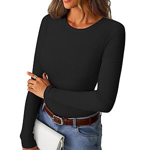 GKBK Womens Long Sleeve Ribbed Tops Slim Fitted Tight Basic T-Shirt $4.46 ACs Crewneck Layering Lightweight Fall Sweaters 2026 Fashion Outfits Black