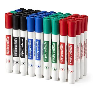 Prime, 36 pack, Amazon Basics Low-Odor Dry Erase Whiteboard Markers, Chisel Tip, Quick-Dry, 4 Assorted Colors, $11.03, Amazon