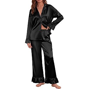2-Piece Ekouaer Women's Satin Long Sleeve Pajama Set w/ Ruffle (Various) $10.99 + Free Shipping w/ Prime or on $35+