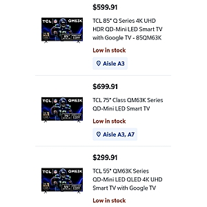 Sams Club: TCL Class QM63K on Clearance prices (55, 75, 85 inches) $299.91 to $599.91 (YMMV In Store Only)