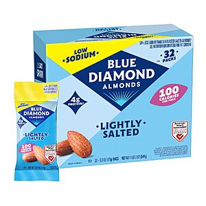 [S&S] Blue Diamond Almonds Low Sodium Lightly Salted Snack Nuts, 100 Calorie Packs, 0.6 Ounce (Pack of 32) $8.31