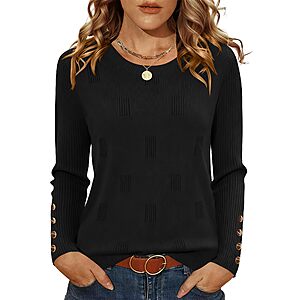 Womens Casual Long Sleeve Crew Neck Sweaters, Lightweight Pullover with Decorative Buttons STARTING at $7.99 AC
