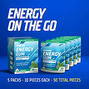 GYMGUM Caffeine Energy Gum, 50mg Caffeine & L-Theanine, Spearmint 50 Ct