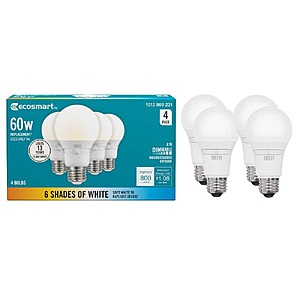EcoSmart 60-Watt Equivalent A19 E26 Base Dimmable LED Light Bulb with Selectable Color Temperature (4-Pack) $5.98