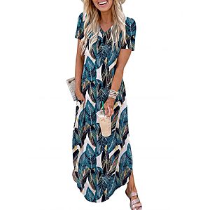 ANRABESS Women’s  V-Neck Short Sleeve Summer Maxi Shirt Dress w/ Slit Side and Pockets (Various) $9.99 + Free Shipping w/ Prime or on $35+