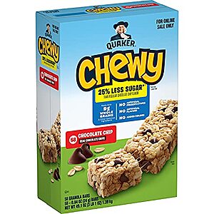 [SnS, AC] $9.74* | 58-Pack 0.84-Oz Quaker Chewy Granola Bars (Less Sugar Chocolate Chip) at Amazon