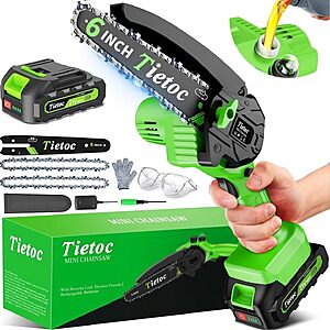 Tietoc 6" 880W Cordless Mini Chainsaw w/ 2000mAh Battery, 2 Chains & Auto Oiler (Green) $15.99 + Free Shipping w/ Prime or on $35+
