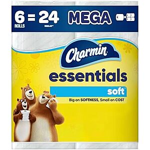 $4.78 or less Q & S&S  Charmin Essentials 2 Ply Soft Toilet Paper 6 Mega = 24 Reg Rolls, 330 sheets per roll