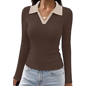WIHOLL Women's Ribbed Long Sleeve Collared V-Neck Fitted Top (XS-XXL, Various Colors) $6.99 + Free Shipping w/ Prime or on $35+