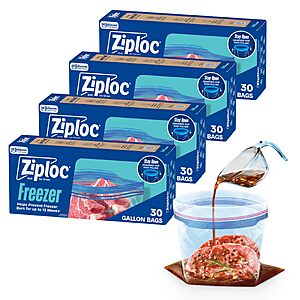 Ziploc Gallon Freezer Bags, 120 Total Bags (30 Count, 4-Pack) $14.55