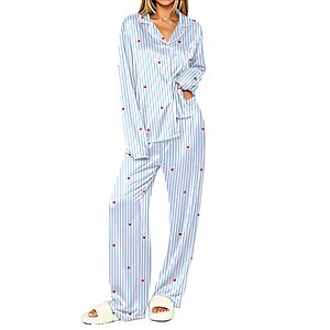 Ekouaer Women's Satin LS Button-Down Pajama Set (various) $10.99 + Free Shipping w/ Prime or on $35+