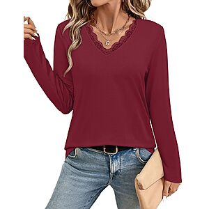 JUSTFASHIONNOW Lace Long Sleeve Tops for Women V Neck $4.94 after coupon