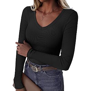 Women Long Sleeve V Neck Ribbed Knit Slim Fit Shirts Basic Tee $5.99 AC