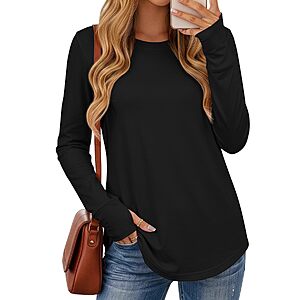 Women’s Cotton Long Sleeve Tunic Top $8.99 – Thumb Holes, Curved Hem & Crew Neck