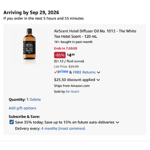 AirScent Hotel Diffuser Oil No. 1012 - The White Tea Hotel Scent - 120 mL [YMMV] $4.49