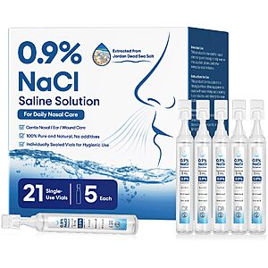 0.9% Saline Solution, Sodium Chloride, 5 mL Each, 21 Vials, Nasal Cleanse $9.98