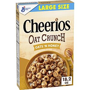 Cheerios Oat Crunch Oats 'N Honey Cereal, Whole Grain, Large Size, 18.2 oz~$3.21 After Coupon & S&S @ Amazon