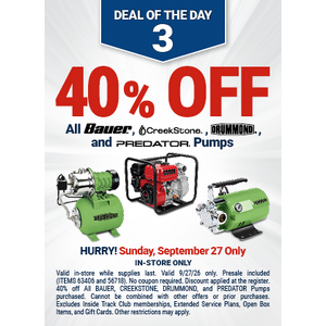 Harbor Freight, 9/27, 40% off BAUER, CREEKSTONE, DRUMMOND, PREDATOR PUMPS, 30% off PREDATOR gas engines