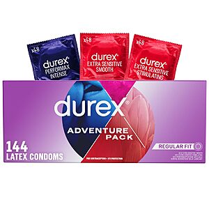 Durex Condoms Variety Adventure Pack, Mix of Durex Extra Sensitive Smooth & Stimulating & Performax Intense Ribbed & Dotted Latex Condoms, 144 Count