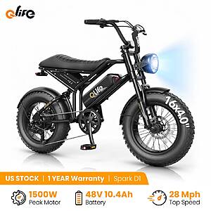 Qlife Spark D1 1500W (Peak) 48V 10.4Ah 25mph Full Suspension 16x4in Fat Tires e-Bike (White or Black) $403 + Free S/H $405