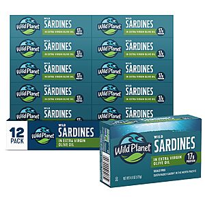 Wild Planet Wild Sardines in EVOO & Sea Salt, 4.4 Ounce Can, 12 Pack~$25.99 With S&S @ Amazon $26.16