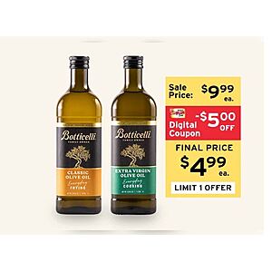 ShopRite Supermarkets $4.99 with Digital Q 33.8 oz Bottle of BOTTICELLI Extra Virgin Olive Oil to 9/29 only