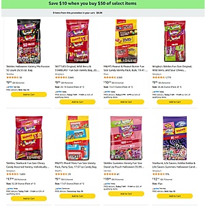Save $10 on $50+ Select Halloween Candy (M&M's, Skittles, Starburst Fun Size) + Free Shipping $40.04