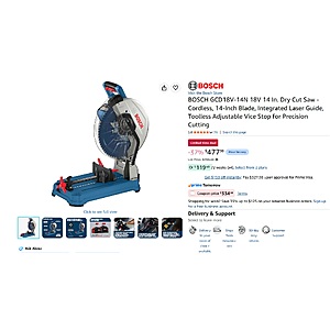 BOSCH GCD18V-14N 18V 14 In. Dry Cut Saw - Cordless, 14-Inch Blade, Integrated Laser Guide, Toolless Adjustable Vice Stop for Precision Cutting $334.58