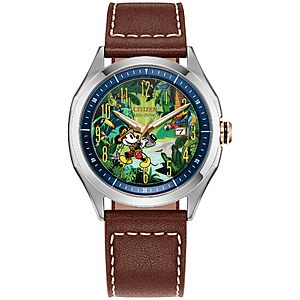 CITIZEN Men's Eco-Drive Disney Mickey Mouse Explorer Stainless Steel Case Watch, Brown Leather Strap, 3 Hand, (Model: AW1149-06W) $236