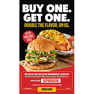 Smashburger - BOGO burger or big dog, one per check through October 3rd