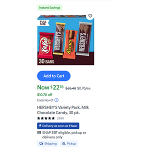 Halloween Candy Sams Club $22.78 HERSHEY'S Full Size Candy Bars Variety Pack, Milk Chocolate Candy, 30 pk. Pickup or Free ship w/ plus for $50+