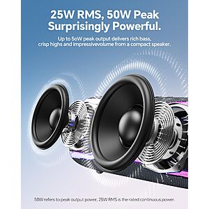 Bluetooth Speaker, IPX7 Waterproof, 50W Peak/25W RMS, Matte Black $39.99
