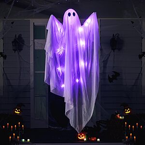 JOYIN Halloween Hanging Light up Ghost, 47" White Ghosts with Purple LED Light and Timer Halloween Hanging Decoration Waterproof $25.99