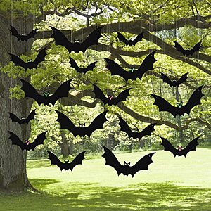 (18 Pcs) Hanging Bats Halloween Decoration Outside, Large Flying Plastic Bats Outdoor Decor, 3 Different Sizes with Cute Eye Stickers $9.99