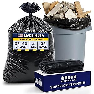 [SnS, AC] $29.93 | Plasticplace 55 Gallon Contractor Bags, Black, 38'' x 58'', 4 Mil, 32/Case at Amazon