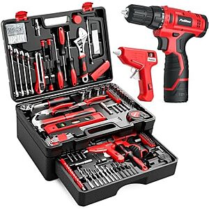 PULITUO 299-Piece Home Tool Set w/ 12V Cordless Drill & Toolbox w/ Drawer $44.99 + Free Shipping