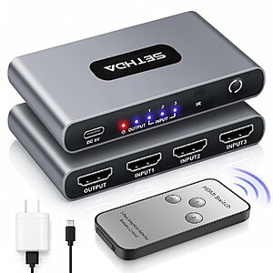 SETHDA 3-In-1 4K@60Hz HDMI Switch Splitter w/ Remote $13.19 + Free Shipping w/ Prime or on $35+