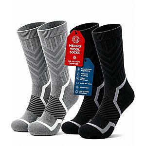 2-Pack Hi Clasmix Men's or Women's Merino Wool Cushioned Crew Hiking Socks (Black & White) $8.99, More + Free Shipping w/ Prime or on $35+