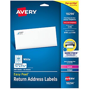 $24.21: Avery Printable Return Address Labels, Sure Feed Technology, 2/3" x 1-3/4", White, 600 Blank Labels per Pack (5-Pack of 18294)