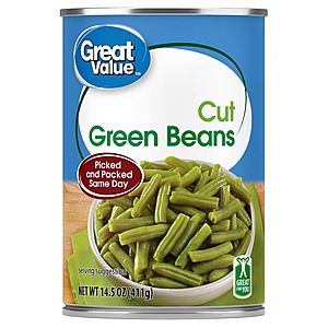 Great Value Cut Green Beans, 14.5 oz Can & More~$0.50 @ Walmart~Free Pickup Or Delivery With Walmart+ $35 Orders
