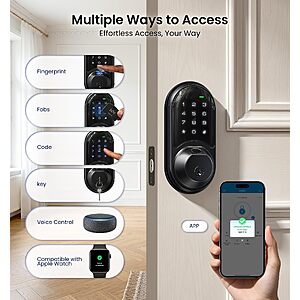 Veise RZ07 Fingerprint Smart Door Lock Deadbolt, App Control, Matte Black $69.97