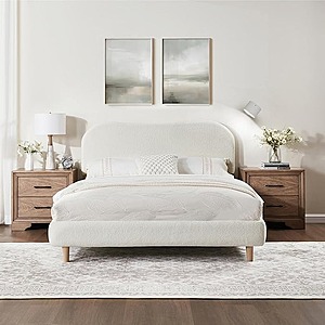 FLEXISPOT Queen Size Boucle Bed Frame w/ Charging Station & Light (White) $90 + Free Shipping