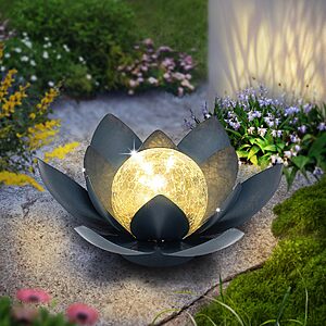 9.84" Huaxu Solar Metal Lotus w/ LED Crackle Globe Glass Light $8.99 + Free Shipping w/ Prime or on $35+