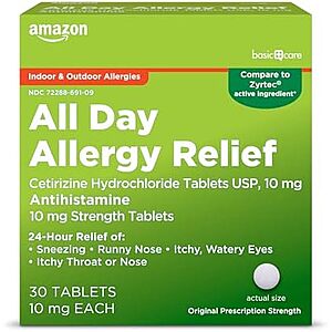 Prime: 30-Count Amazon Basic Care All Day Allergy Cetirizine Hydrochloride Tablets (10 mg) $2.01 w/ S&S + Free Shipping