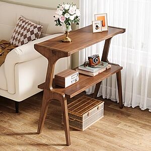 Solid Wood End Table, 2-Tier Farmhouse Side Table with Storage Shelves, Slim Side Table for Couch with Unique Legs, Long Bedside Table $70