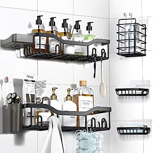 7-Pack Adhesive Shower Caddy Set: Stainless Steel Bathroom Shelves w/ Soap Dish, Toothbrush Holder & Hooks $9.99 + Free Shipping w/ Prime or on $35+