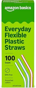Prime: 100-Count Amazon Basics Disposable Striped Plastic Flex Straws (Assorted Colors) $1.37 w/ S&S + Free Shipping