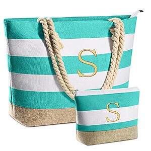 2-Piece YOOLIFE Monogrammed Initial Waterproof Canvas Beach Tote & Makeup Bag Set (Blue, Dark Blue) $10.99 + Free Shipping w/ Prime or on $35+