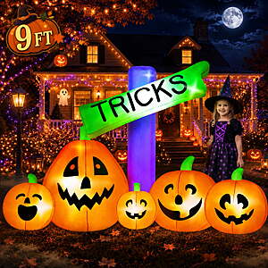 $34.19: Yexmas 9FT Halloween Inflatable with TRICKS Sign & Pumpkins, LED Lights at Walmart.com